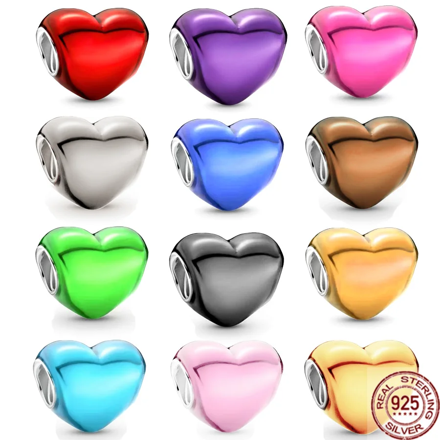 Nuovi Arrivi Metallic Heart Series 925 Sterling Silver Pink Purple Green Heart Charm Jewelry Bead Fit Bracciale Pandora Originale