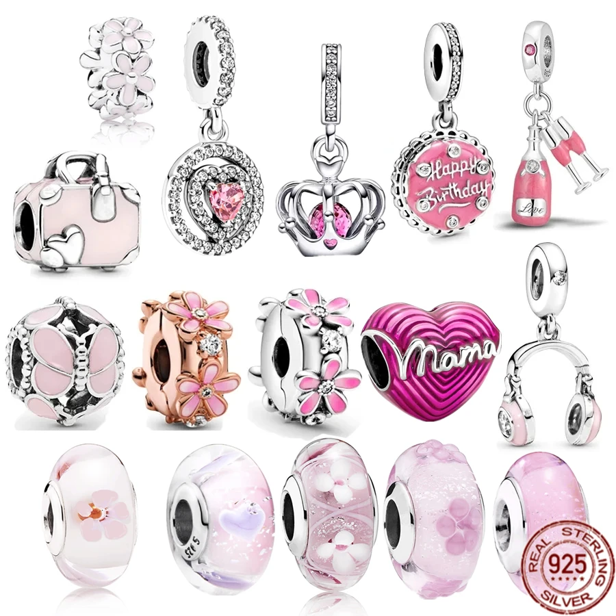Pink Series 925 Sterling Silver Daisy Space Bead Clip & Murano Glass Charm Beads Fit Original Pandora Bracciale Gioielli Per Le Donne