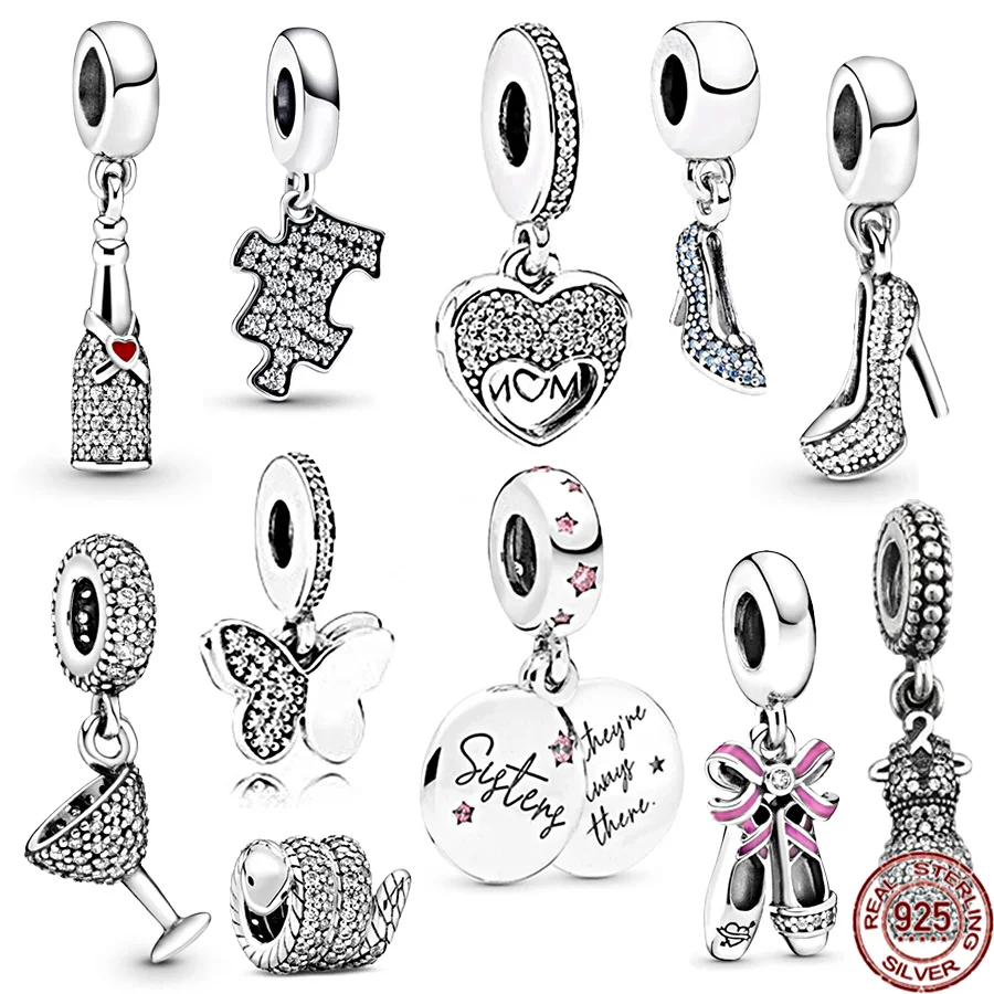 New Pink Ballerine Shoes Pavé Wine Bottle & Forever Sisters Ciondola Charms Jewelry Beads Fit Original Pandora Silver 925 Bracciale