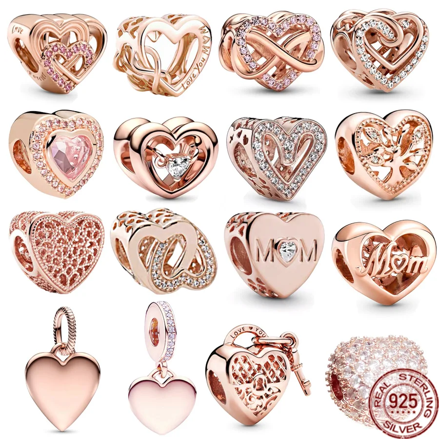 Original Rose Gold Plated Family Infinity Pink Heart & Engrivable Heart Tag Charm Beads Fit Pandora Silver 925 Bracciale Jewelry