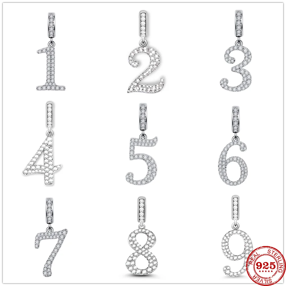 925 Sterling Silver Shiny Digital Birthday Anniversary Number Ciondola Charm Fit Original Pandora Bangle Fashion Gioielli Donna Fai Da Te