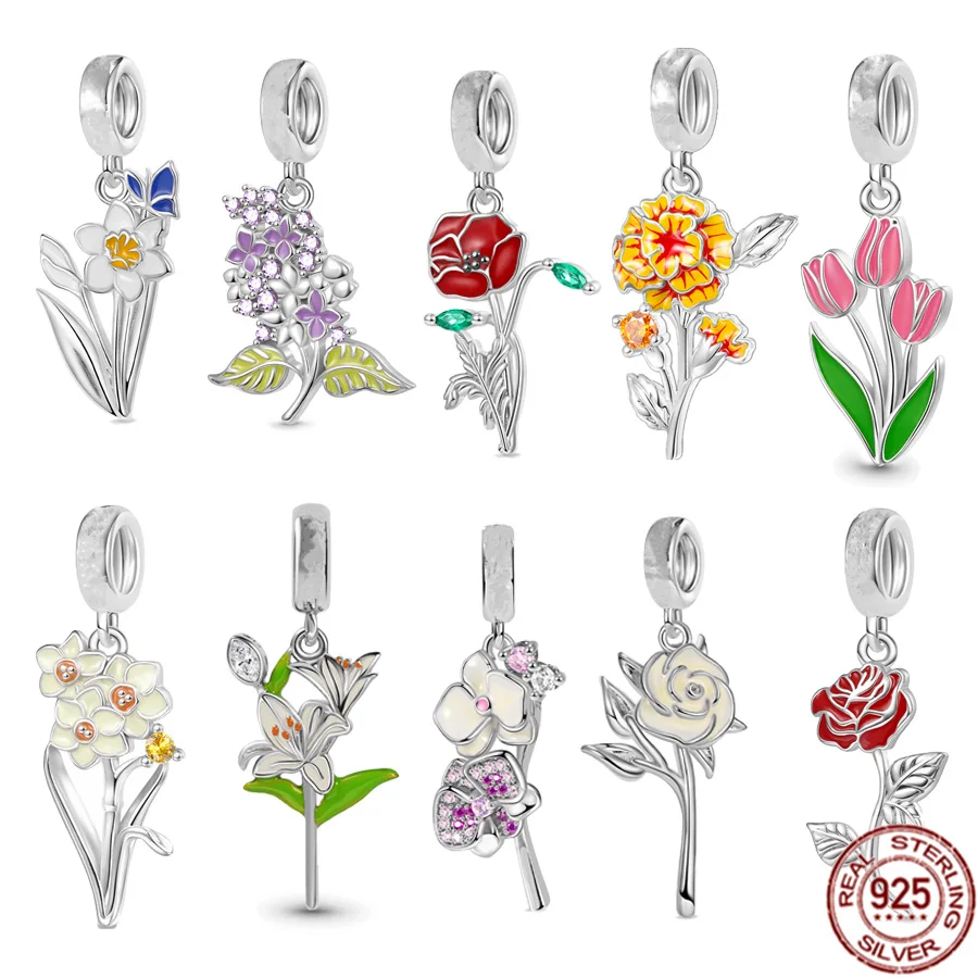 Vendita Calda 925 Sterling Silver Purple Lilla Narcissus & Red Poppy Flower Ciondola Charm Bead Fit Original Pandora Bracciale Jewelry