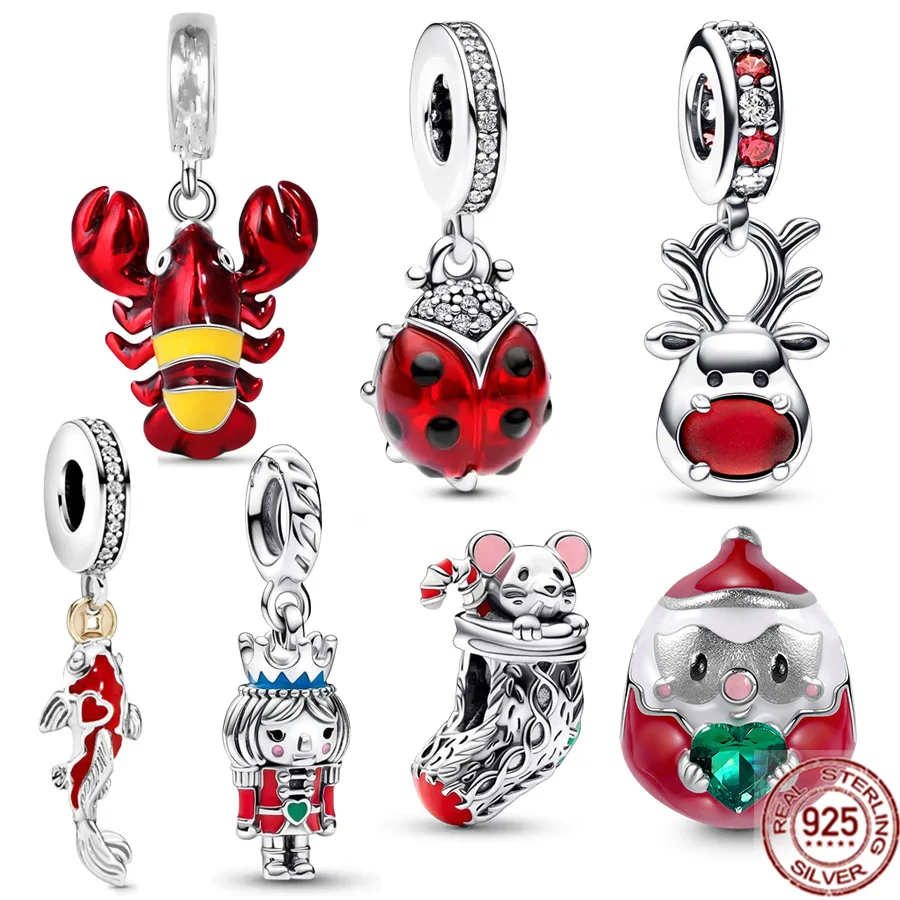 Nuovo 925 Sterling Silver Red Carp Fish Lobster & Red Ladybird Ciondola Charm Beads Fit Originale Pandora Bracciale Donna Gioielli Regalo