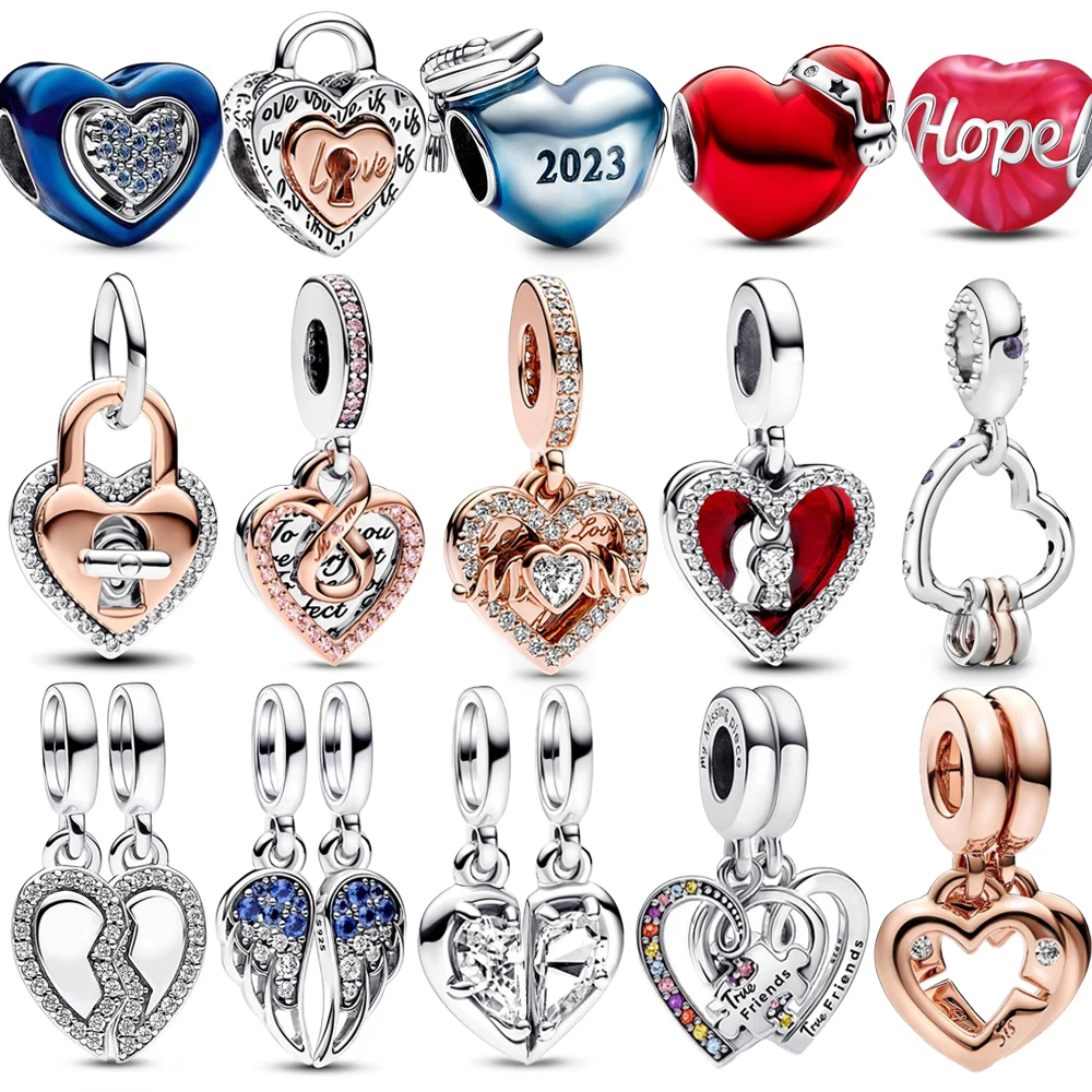 Vero Argento Sterling 925 Infinity Double Love Heart Split Charm Fit Pandora Bracciale Donna Collana Originale Ciondolo Gioielli