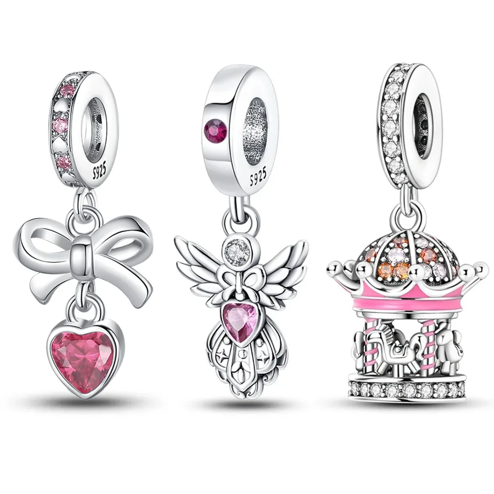 Originale 925 Sterling Silver Pink Zircone Love Bow Ciondola Charm Fit Pandora Bracciale Gingillo Gioielli Da Donna Fai Da Te