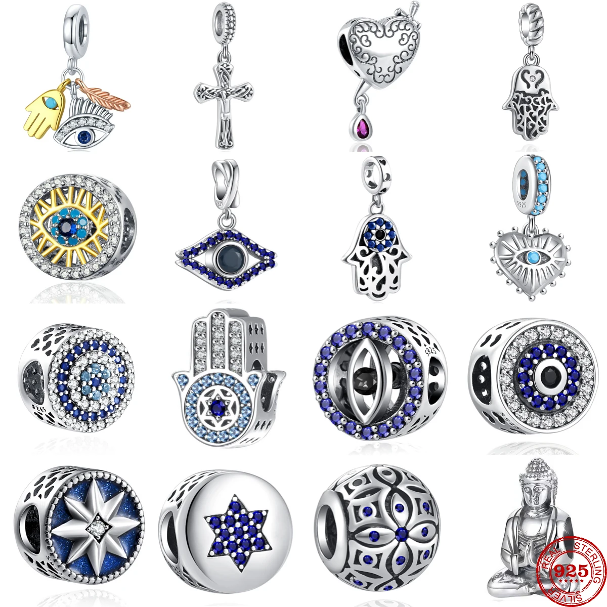 Nuovo 925 Sterling Silver Blue Eye & Grecia Cristo Croce Buddha Charms Bead Fit Bracciali Pandora Originali Charm Gioielli Donna Fai Da Te