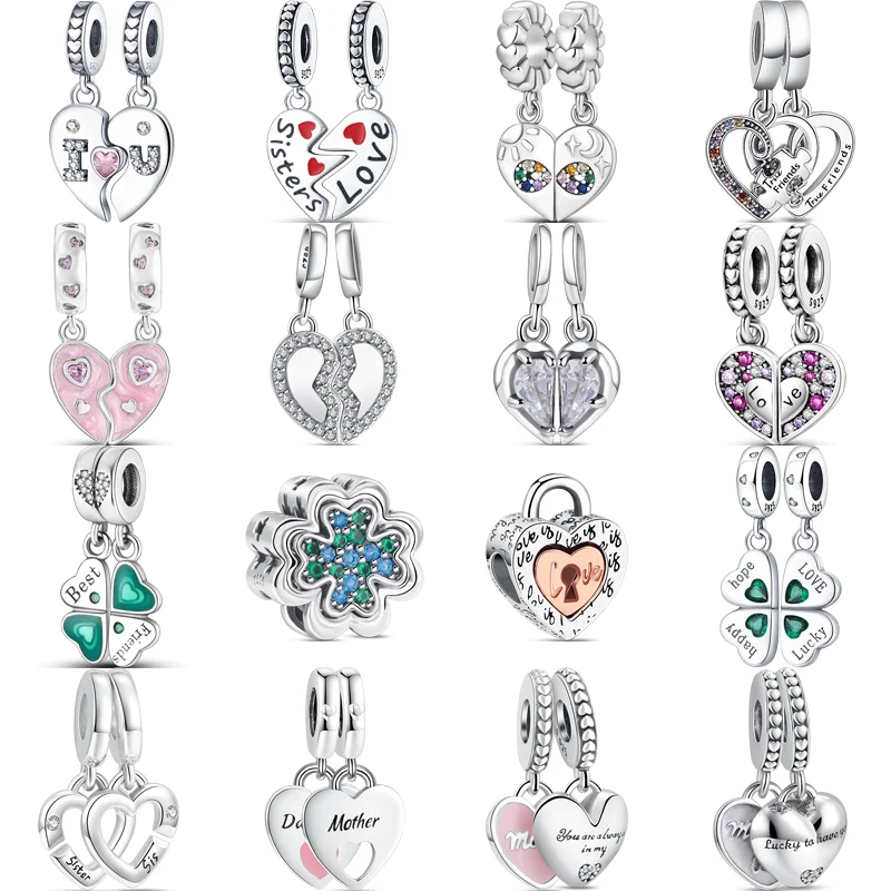925 Argento Perline Sorelle Madre Figlia Migliori Amici Cuore Splittable Quadrifoglio Amore Ciondolo Fit Pandora Charms Bracciale