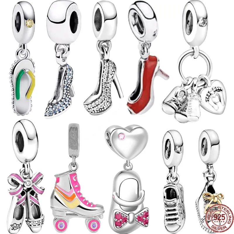 Vendita Calda 925 Sterling Silver Pink Ballerina Shoes & Pavé Stiletto Shoe Ciondola Charm Jewelry Beads Fit Original Pandora Bracelet