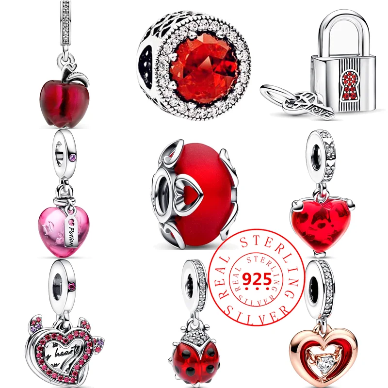 925 Solid Silver Red Ladybird Radiant Heart Vetro Di Murano Sparkling Ciondola Charm Perline Fini Fit Original Pandora Bracciale Jewelry