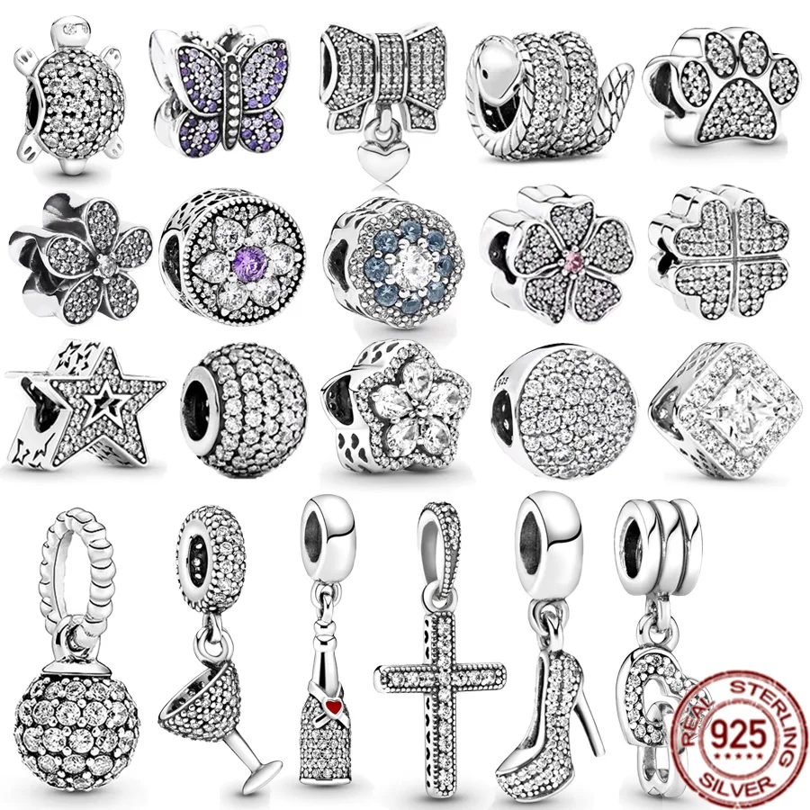 Vendita Calda Sparkling Clover Paw Print Snake & Cocktail Glass Charm 925 Sterling Silver Jewelry Beads Fit Original Pandora Bracelet