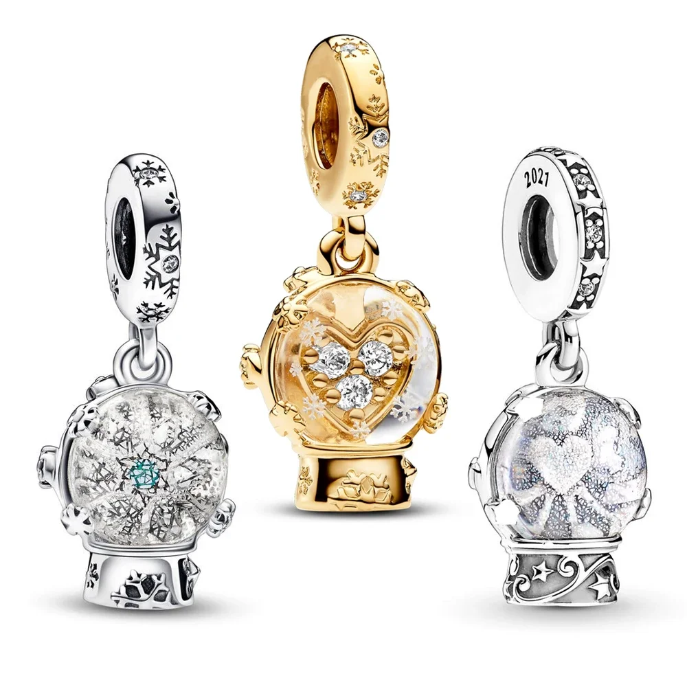 New Sparkling Snowflake Snowglobe Ciondola Charms Fit Pandora Collana Con Bracciale Originale Regalo Di Gioielli Natalizi Per Donna Fai Da Te