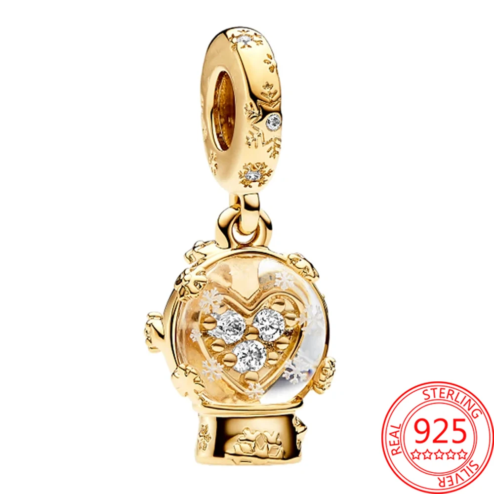 Retro 925 Sterling Silver Heart Snowflake Snow Globe Ciondola Charm Fit Pandora Bracciale Accessori Per Feste Di Natale Da Donna