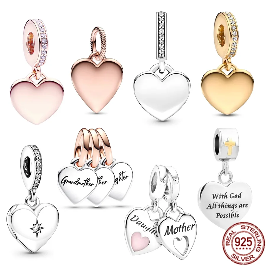 New 925 Sterling Silver Inciso Heart Tag & Family Of Hearts Triple Ciondola Charm Jewelry Beads Fit Original Pandora Bracele