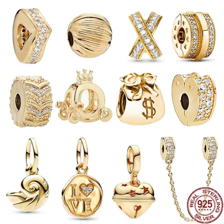 New Gold Plated Original Crown Purse & Shell Ciondola Charm Pavé Clips Catena Di Sicurezza Perline Fit Bracciale Pandora Gioielli In Argento 925