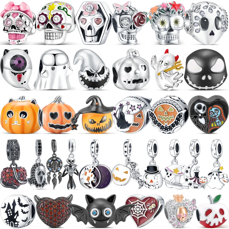 925 Sterling Silver Black Night Skull Ghost Castle Bat Pumpkin Ciondola Charm Bead Fit Bracciale Pandora Originale Gioielli Di Halloween