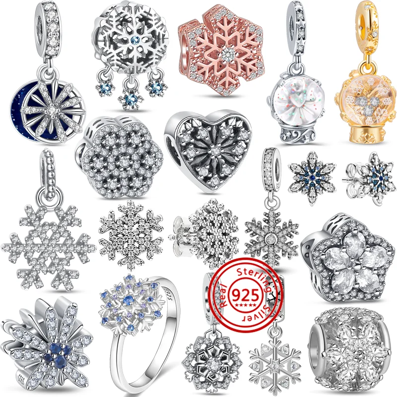 Nuovo 925 Argento Cuore Fiocco Di Neve Globo Di Neve Zircone Trasparente Ciondolo Scintillante Perline Fini Fit Originale Pandora Charms Braccialetto 
