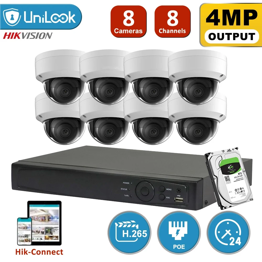 Hikvision Sistema Di Telecamere Cctv 4Mp Poe Ip Telecamera Esterna 30M Ir 8Ch H.265 + Nvr Max.8Tb Kit Di Videosorveglianza Hdd Ds-2Cd2143G0-Iu