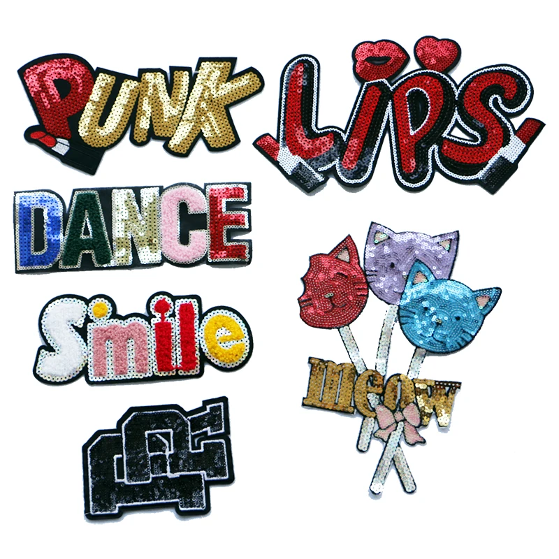 One Gold And Silver Paillettes Asciugamano Lettera Smile Dance Cat Balloon Ricamo Patch Stripe Fai Da Te Stiratura Cucito Patch Bag Badge