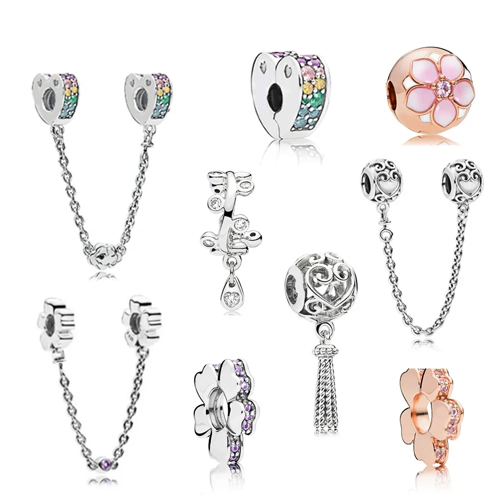 Alta Qualità 100% S925 Sterling Silver Charm Drop Daisy Rose Gold Magnolia Colorful Rainbow Heart Safety Clip Catena Di Sicurezza