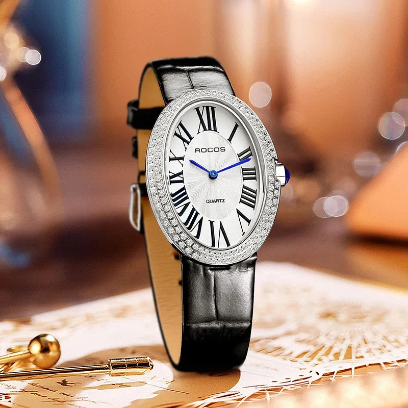 Rocos New Leather Woman Watch Elegante Luxury Brand Ladies Oval Quartz Watch Fashion Best Seller Drop Shipping Watch R0254