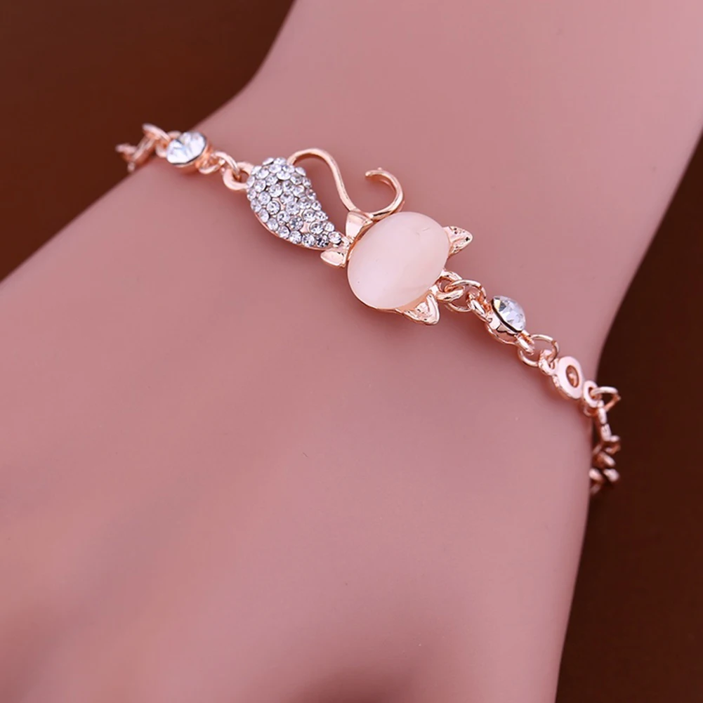 Bluelans Lovely Cat Pendant Women Ladies Opal Strass Bangle Bracelet Chain Jewelry