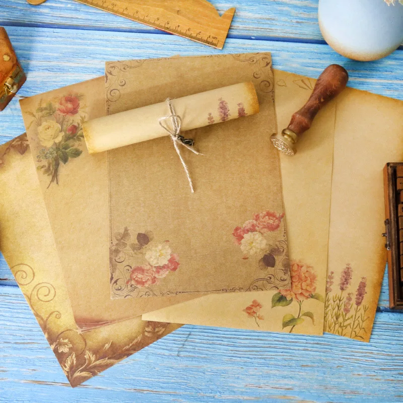 8 Pz/Set Kraft Brown Letter Paper Vintage Flower Design Letterhead Letter Writing Paper Letter Pad Drawing Sketch Pad Stationery