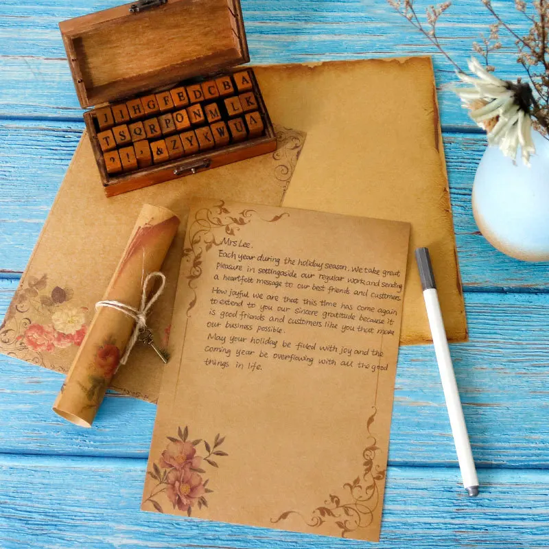 8 Pezzi Set Vintage Flower Design Kraft Brown Letter Paper Letterhead Letter Writing Paper Letter Pad Drawing Sketch Pad Stationery