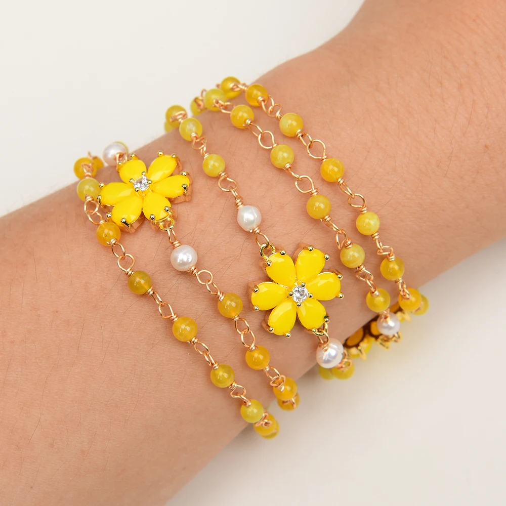 Gg Jewelry 8 ''5 Righe Natural White Pearl Lemon Quartz Yellow Jade Crystal Pave Flower Chain Wrap Bracciale Fatto A Mano Per Lady