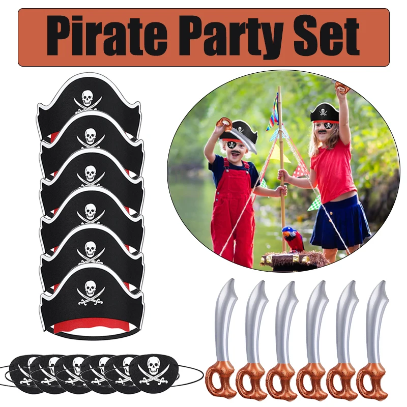 6-24Set Pirate Birthday Party Kids Favors Gift Toy Pirate Hat Gonfiabile Sword Eye Patch Puntelli Cosplay Forniture Per Feste In Costume
