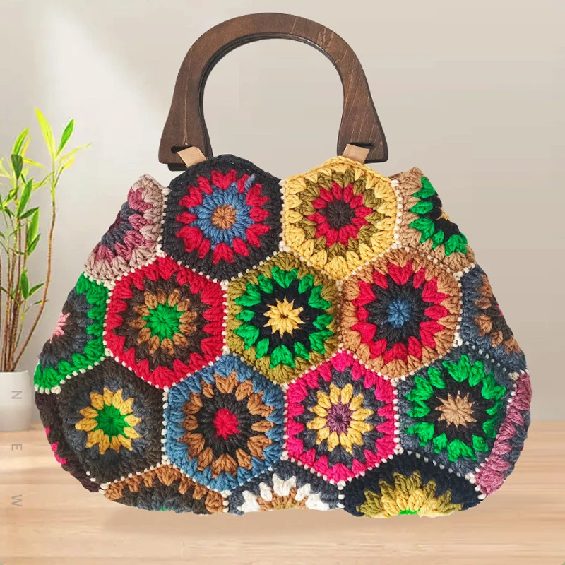 Bohemian Granny Squarecrochet Borse Da Donna Borse A Mano Lavorate A Maglia In Legno Vintage Tessuto A Mano Grande Tote Grandi Borse Shopper 2023