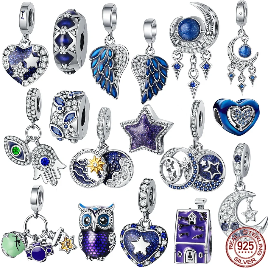 New Angel Wings,Sparkling Star & Crescent Moon Ciondola Blue Series Charm Bead Fit Bracciale Pandora Originale Gioielli In Argento 925