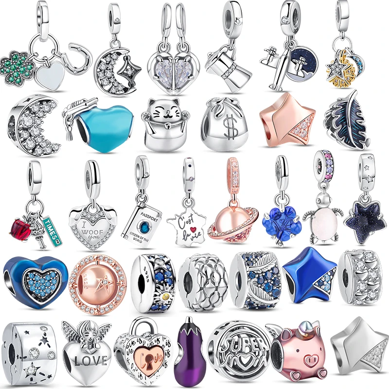 2023 New Sparkling 925 Sterling Silver Moon Book Blue Heart Angel Clips Charm Beads Fit Original Pandora Bracciale Gioielli Fai Da Te