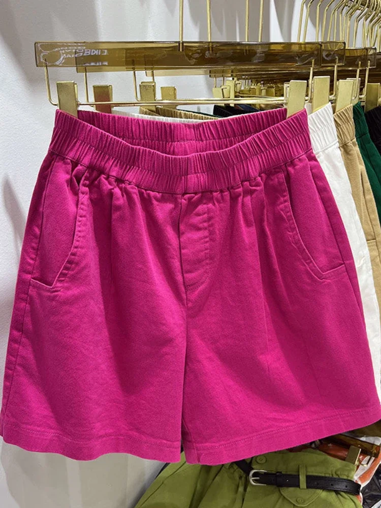 2024 Pantaloncini Di Jeans Da Donna Vita Astic Cotone Gamba Larga Corta Lady Beautiful Casual Rose Red Solid Summer Shorts Per Le Donne D02