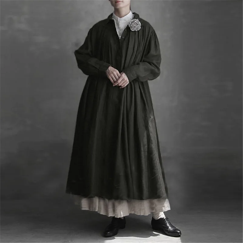 Johnature Japanese New Linen Long Robe Dresses Women 2024 Spring Soldi Color Turn-Down Collar Vintage Dress