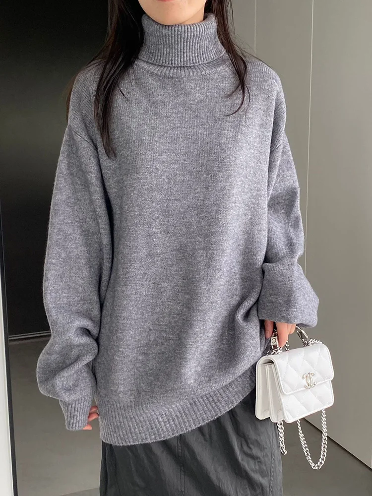 Pullover Knitted Turtleneck Soldi Sweater Long Sleeve Loose Casual Mid Length Tops Winter Korean Style Clothing  M177