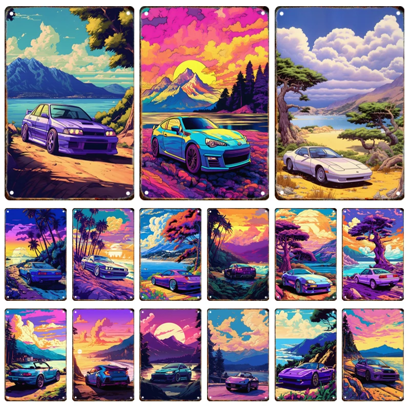 Japanese Ukiyo-E Sports Car Metal Poster Signage Tin Painting Vintage Car Plaque Garage Club Modern Home Wall Art Decor Mural