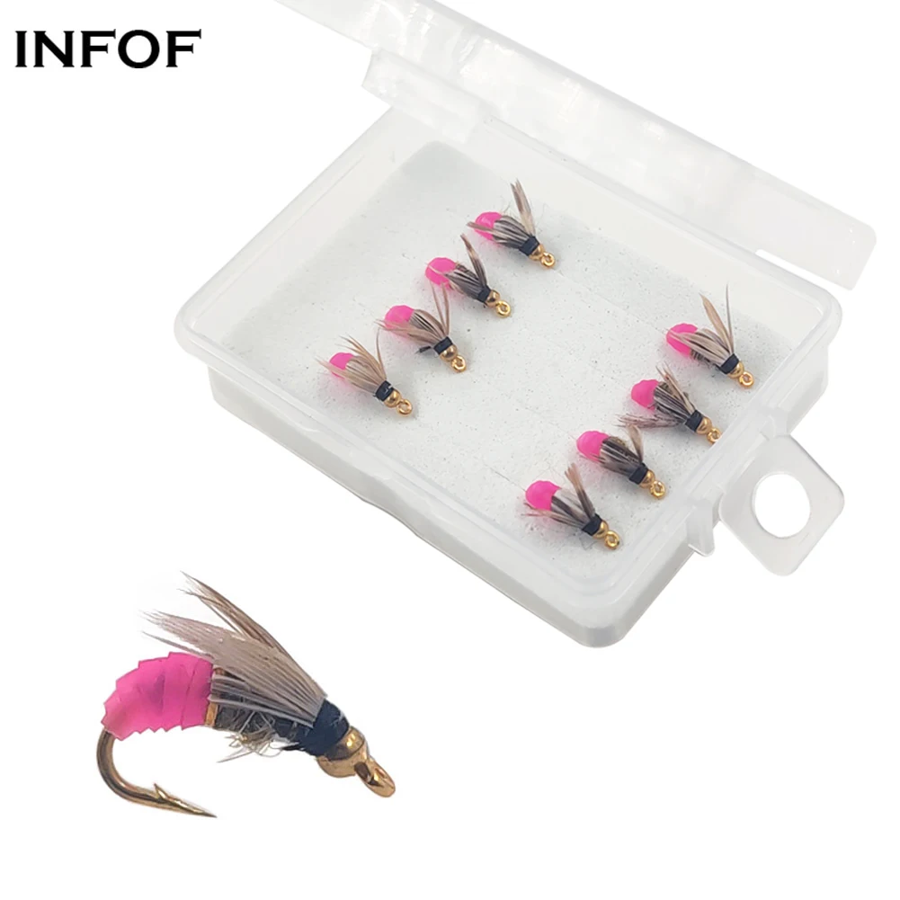 Infof 8 Pz/Scatola Esca Da Pesca A Mosca Ninfa 12 # Hook Fly Lures Insetti Esche Artificiali Mosche Secche Poppers Per Bass Panfish Fishing