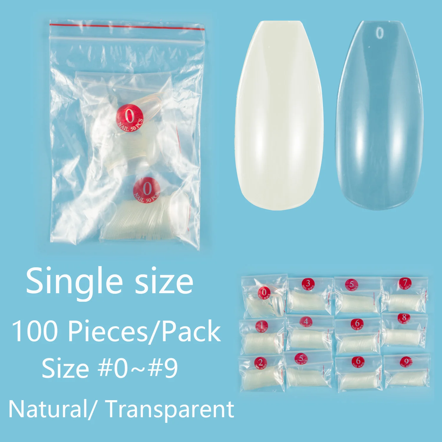 Single Size 100 Pieces Long Coffin False Nail Tips Nail Recover Size 3 4 5 6 Fake Nails Full Cover Nail Tips Artifical Nails