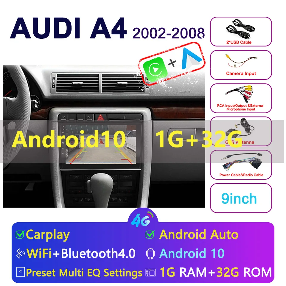 9Inch For  Audi A4 2002-2008 With Carplay Android Auto Radio Capacitive Touch Screen Gps Navigation Bluetooth
