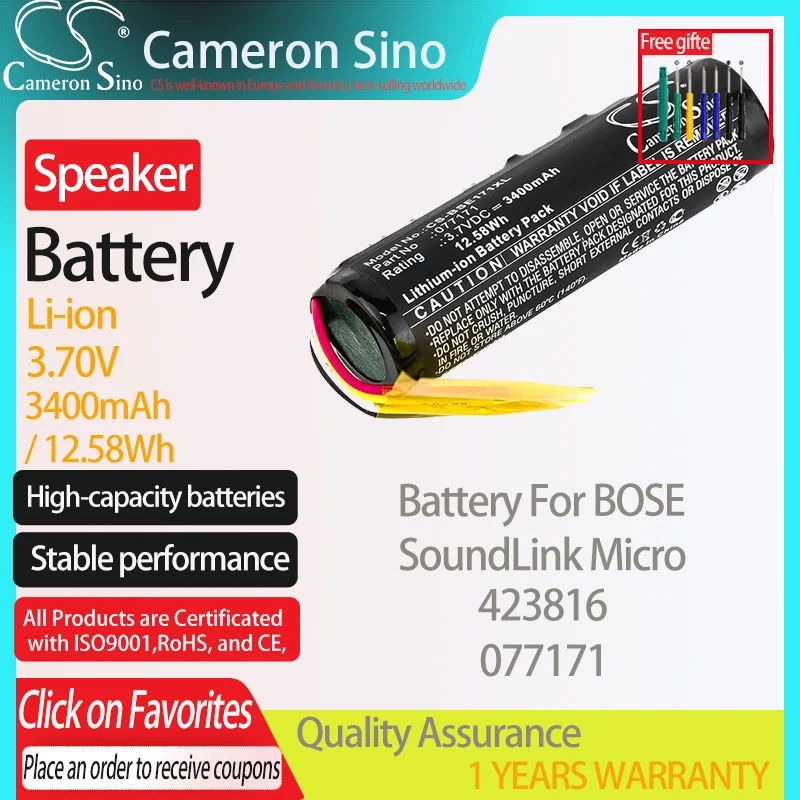 Batteria Cameronsino Per Bose Soundlink Micro 423816 Per Batteria Altoparlante Bose 077171 3400Mah/12,58 Wh 3.70V Li-Ion Nero