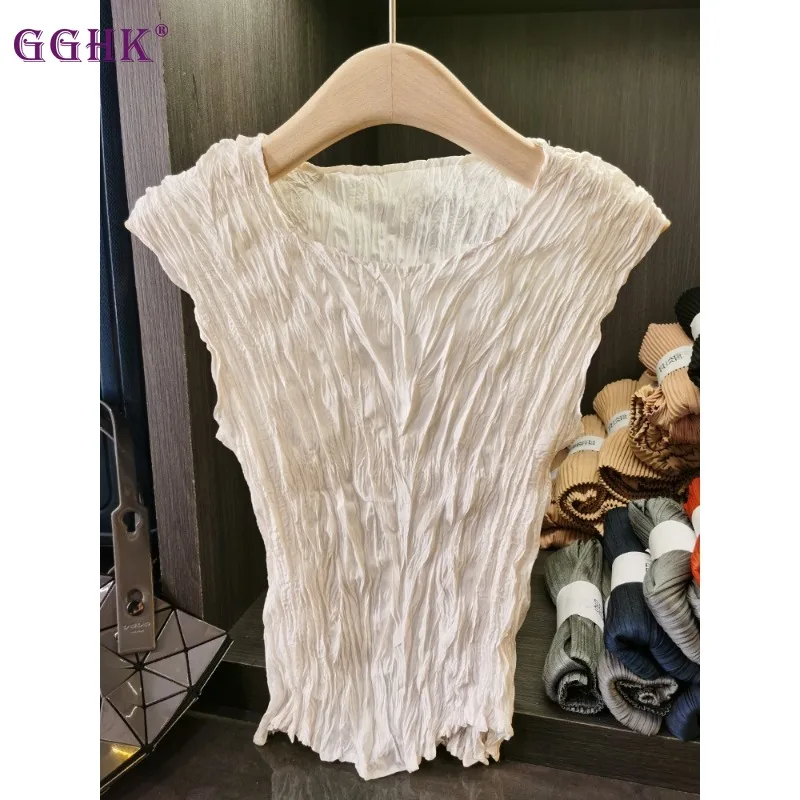 Gghk Miyake Heavy Industries Premium Disordinato Piega Canotta In Rilievo Testurizzata Senza Maniche T-Shirt Da Donna Elasticizzata Classica In Stock