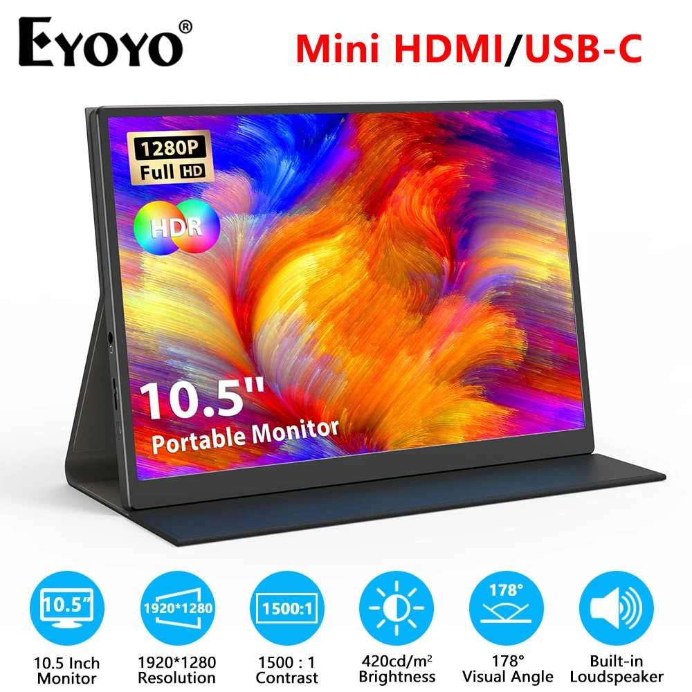 Monitor Da Gioco Eyoyo Hdmi 10.5 "Usb-C E Hdmi Full Hd 1920X1280 Secondo Display Portatile Per Supporto Per Smartphone Portatile 75Mm Vesa