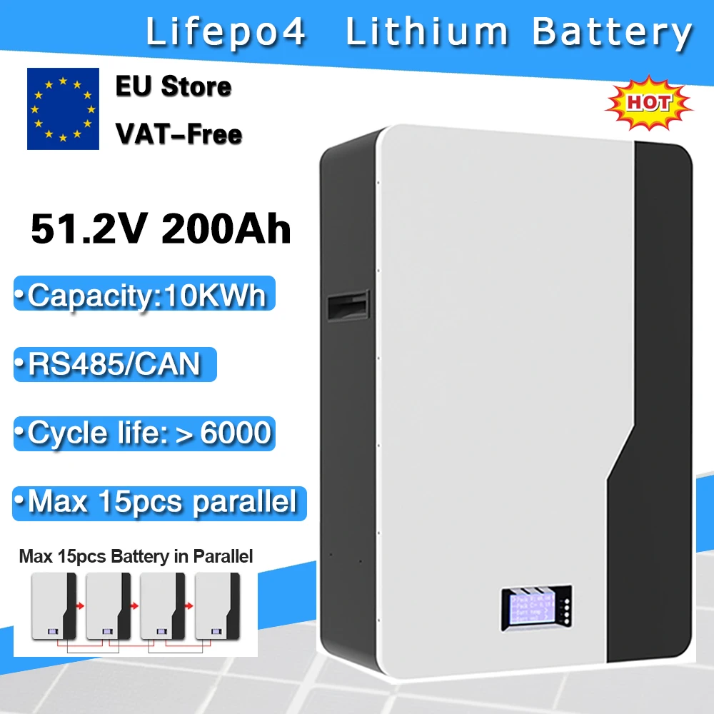 Powerwall 48V Lifepo4 Batteria 51.2V 200Ah 10Kwh Litio Li-Ion 16S Parallelo 15P 6000 + Ciclo 485 Can Bms Nessuna Tassa