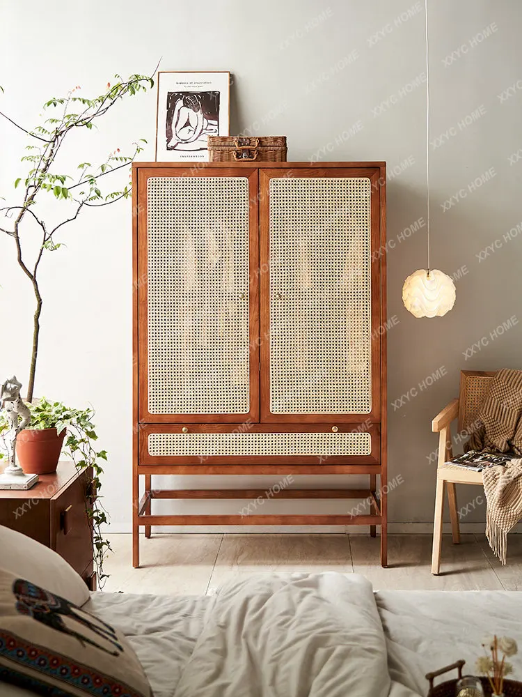 Nordic Retro Solid Wood Wardrobe Bedroom And Household Rattan Storage Locker Simple Modern High Foot Floor Clothing Cabinet