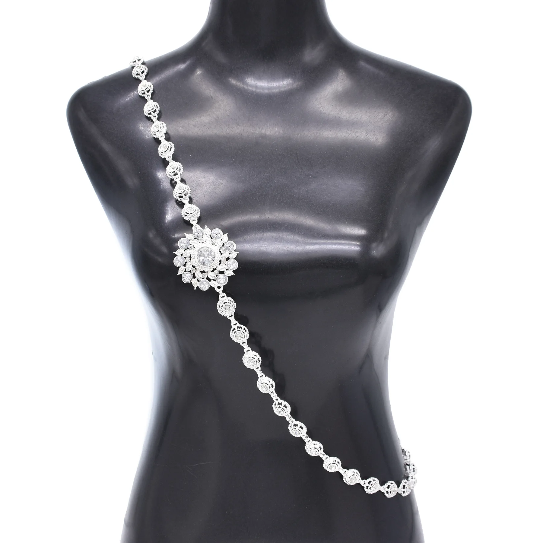 Argento Placcato Metallo Dorato 3D Hollow Crystal Flower Shoulder Chain Body Chain Arab Bride Wedding Party Cross India Body Jewelry