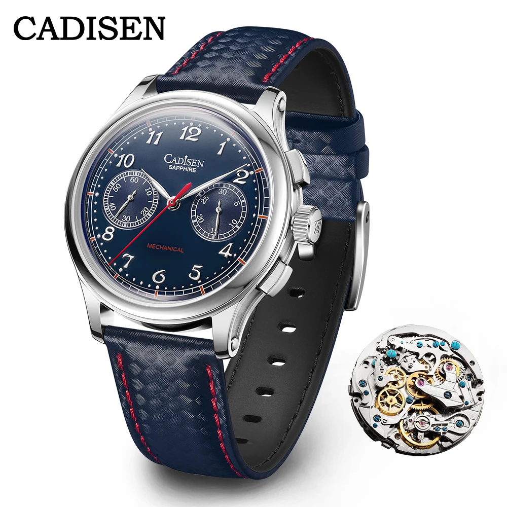 Cadisen Watch Mens Pp Geneve Cronografo Orologi Da Polso Meccanici Seagull St19 Movimento Sapphire Crystal Lattice Leather