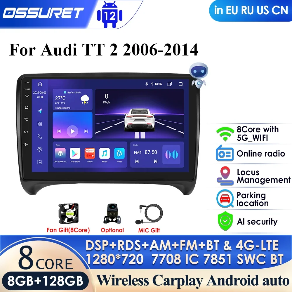 Carplay 4G-Lte 9 ''Android 12 Autoradio Per Audi Tt Mk2 8J 2006-2014 Lettore Video Multimediale Navigazione Gps Wifi Audio Bt