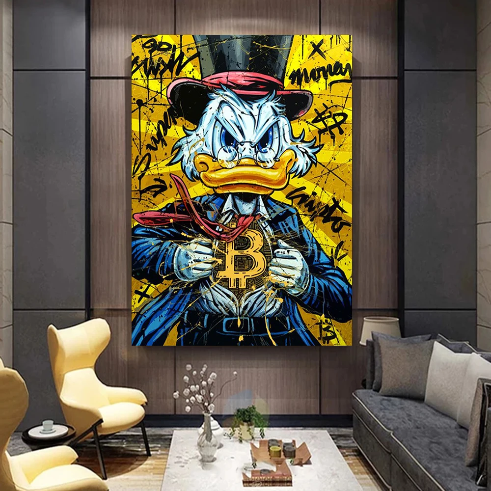 Disney Donald Duck B Bitcoin Money Art Canvas Painting Funny Color Graffiti Wall Poster Stampe Soggiorno Home Pictures Decor