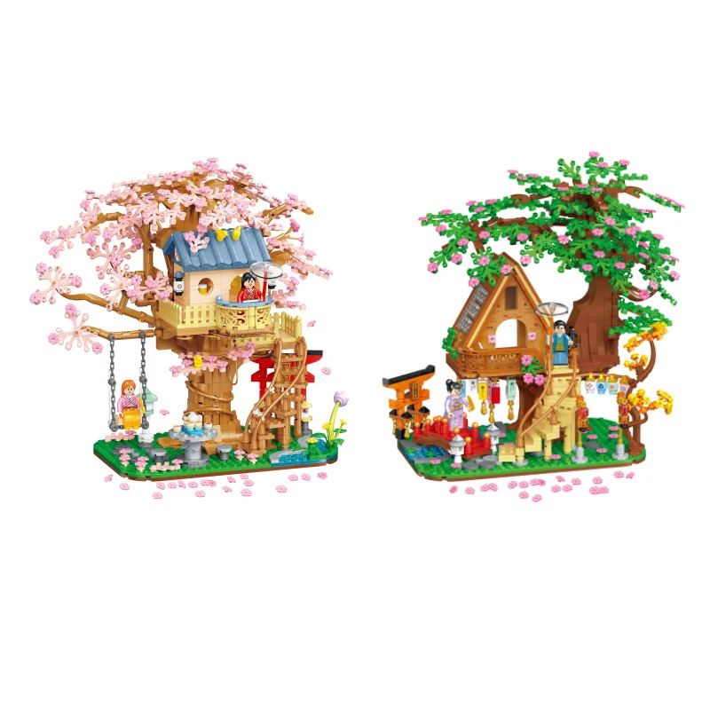 19.3Cm Cherry Blossoms Tree House Mini Building Blocks Assemblati 3D City Streetscape Model Micro Bricks Figure Per Giocattoli Per Bambini