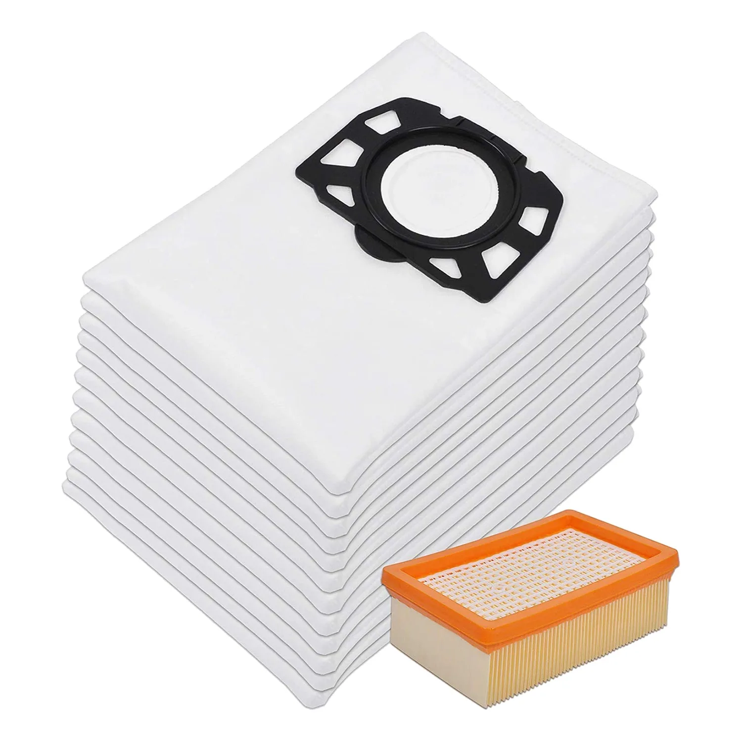 12 Sacchetti Per Aspirapolvere + 1 Filtro Plissettato Piatto Per Aspirapolvere Multiuso Karcher Wd4, Wd5 E Wd6 Wet & Dry